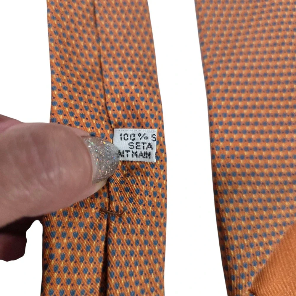 Christian Dior Men Necktie Orange Micro Dot Silk Handmade Floral Designer Formal